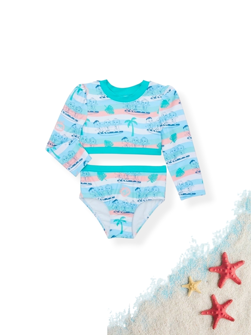 Cocomelom 2 PC Long-Sleeve Rashguard Swimsuit in Aqua Stripe